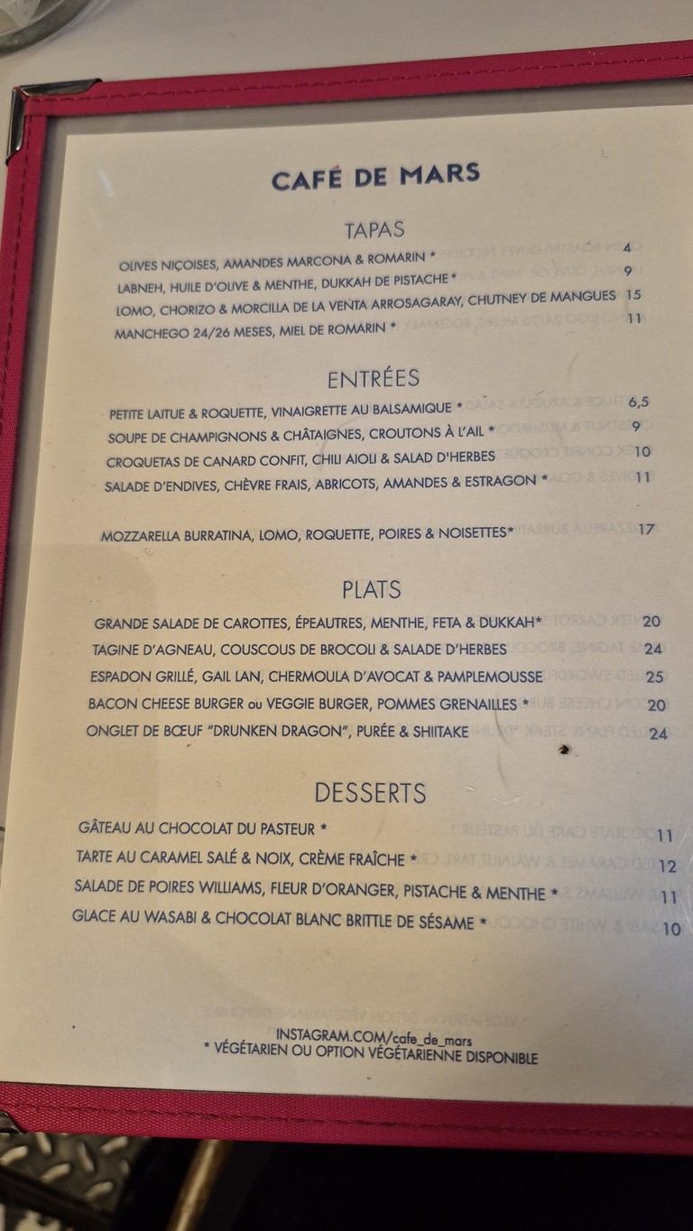 Le Café de Mars menu 1