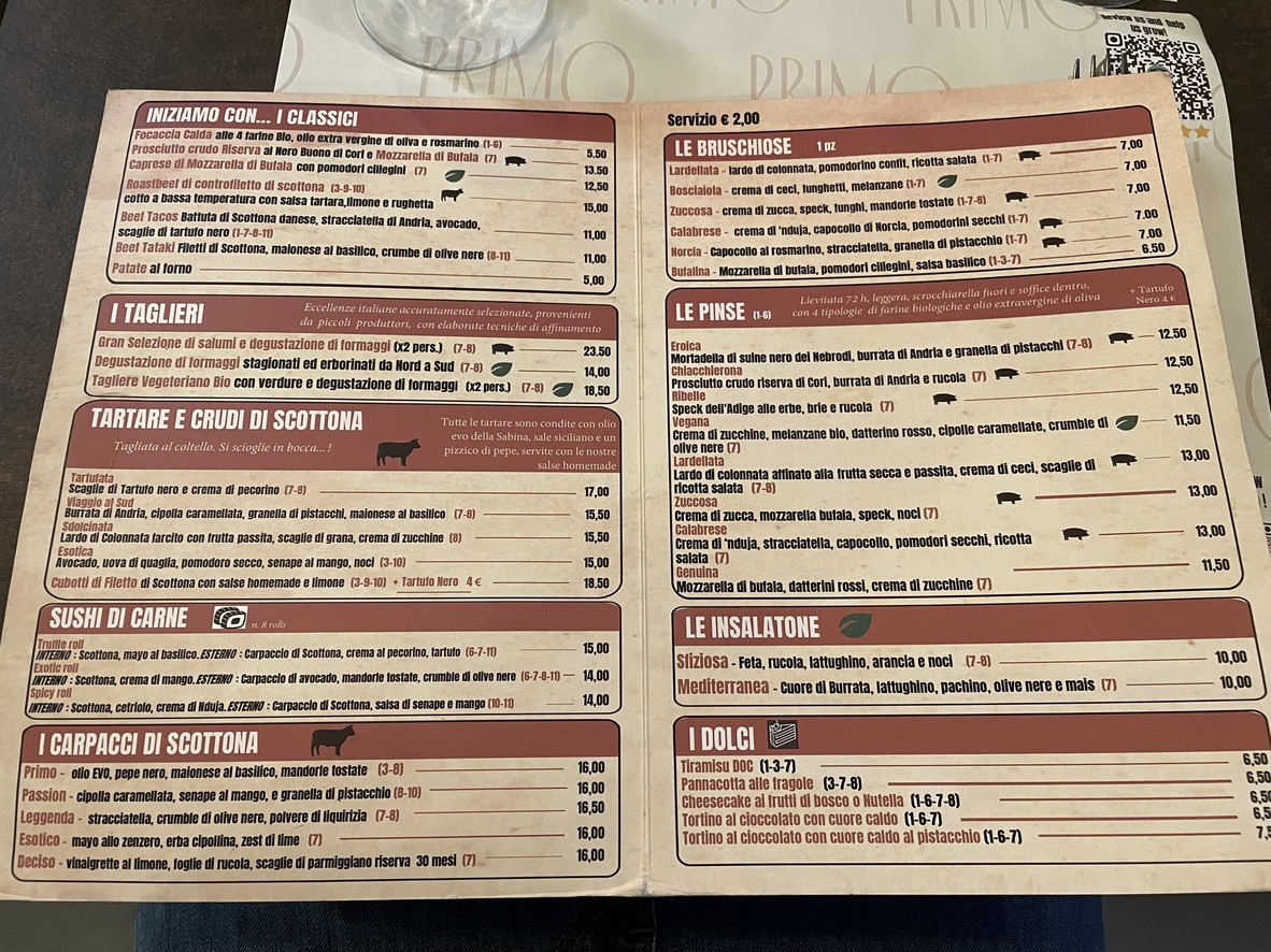 Primo Urban Bistrot - Cruderia Pinseria menu 1