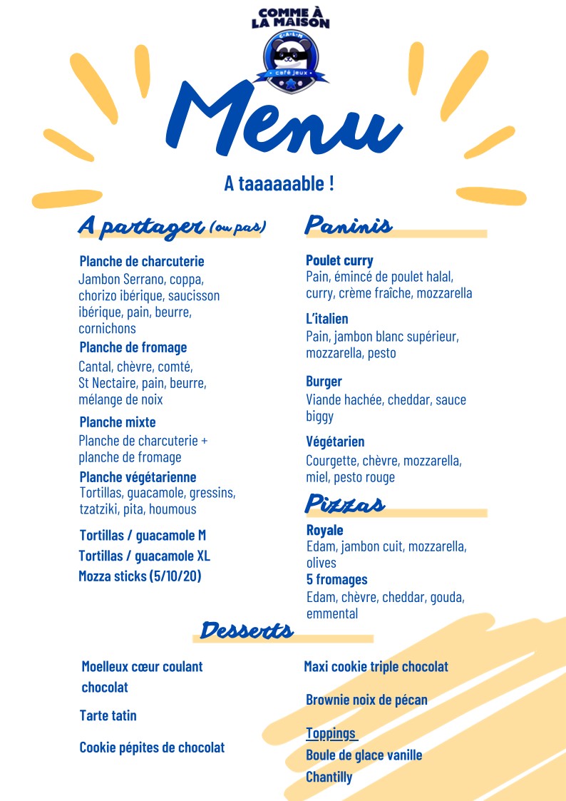 Comme À La Maison (Bar à jeux, Boutique et TCG) menu 1