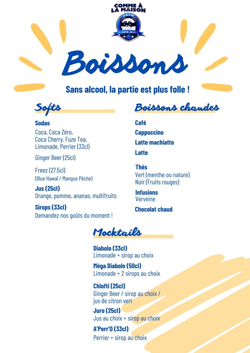Comme À La Maison (Bar à jeux, Boutique et TCG) menu 2