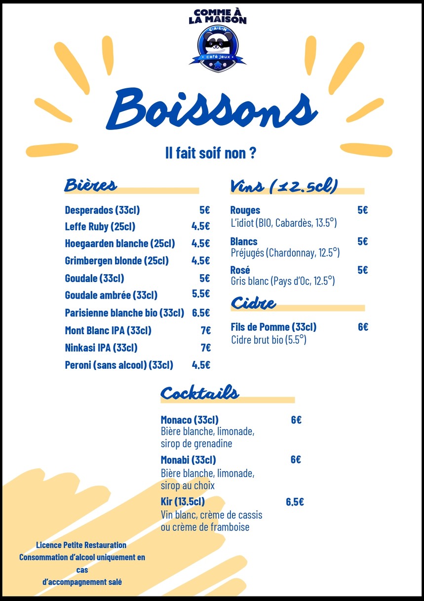 Comme À La Maison (Bar à jeux, Boutique et TCG) menu 3