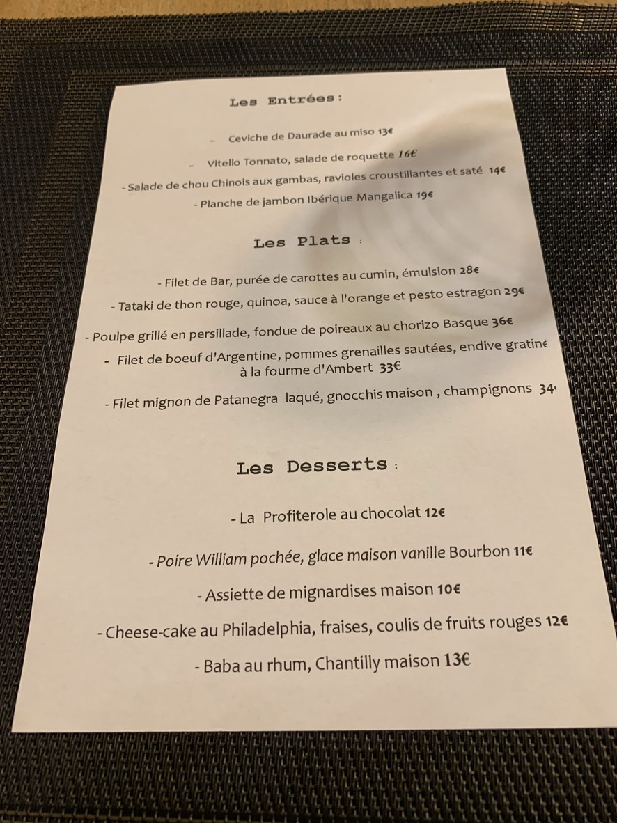 La Contre Allée menu 2