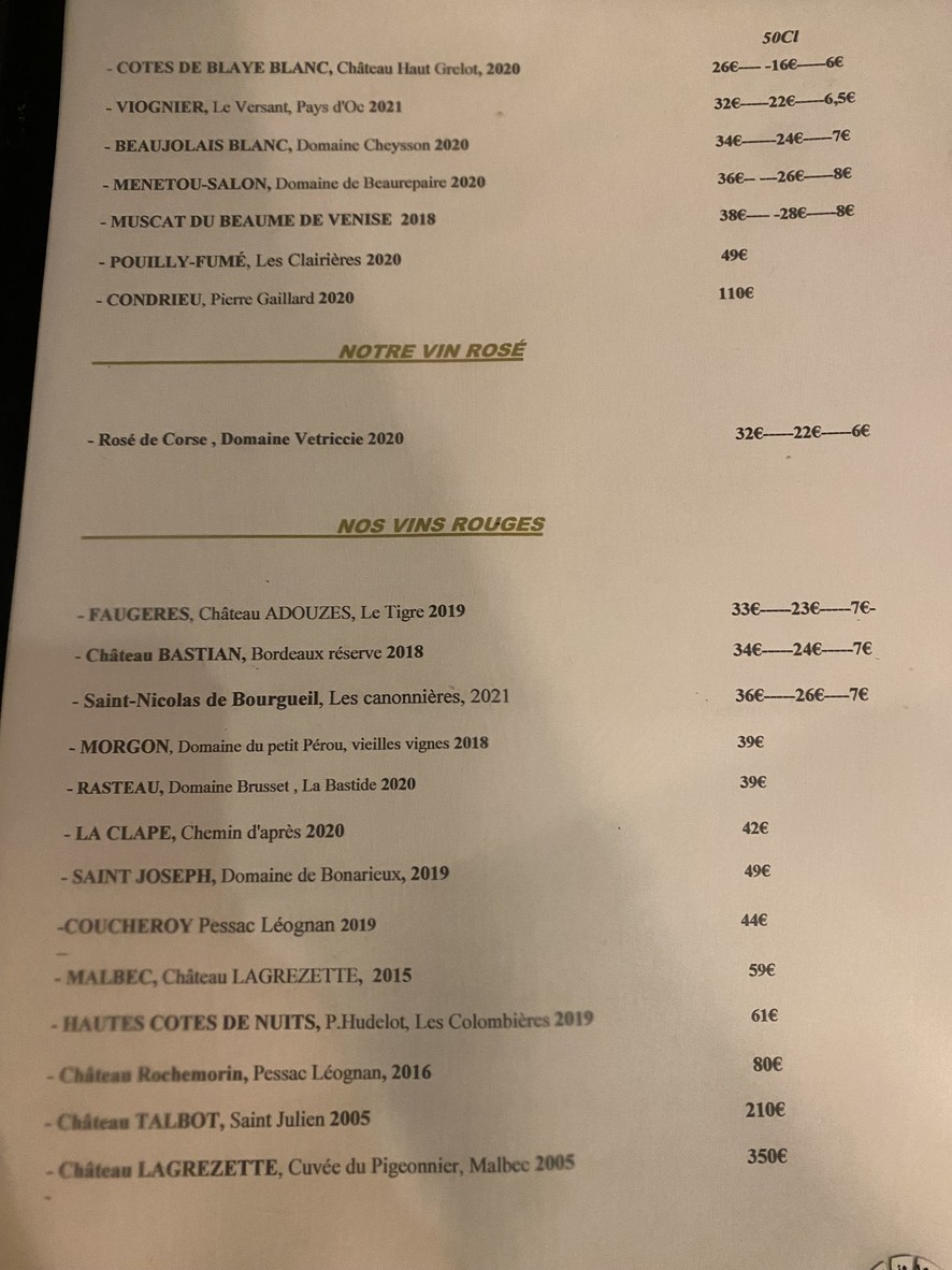 La Contre Allée menu 5