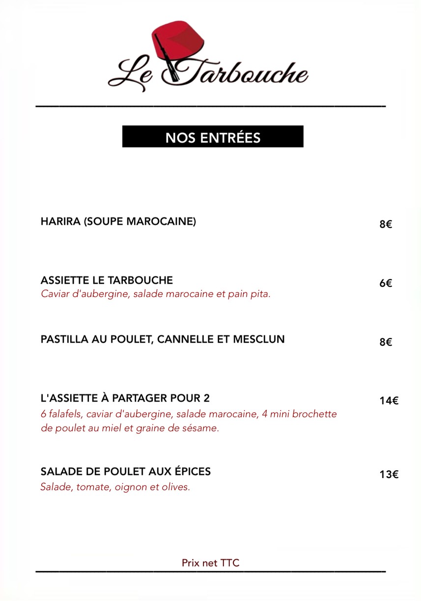 Restaurant marocain le Tarbouche menu 2