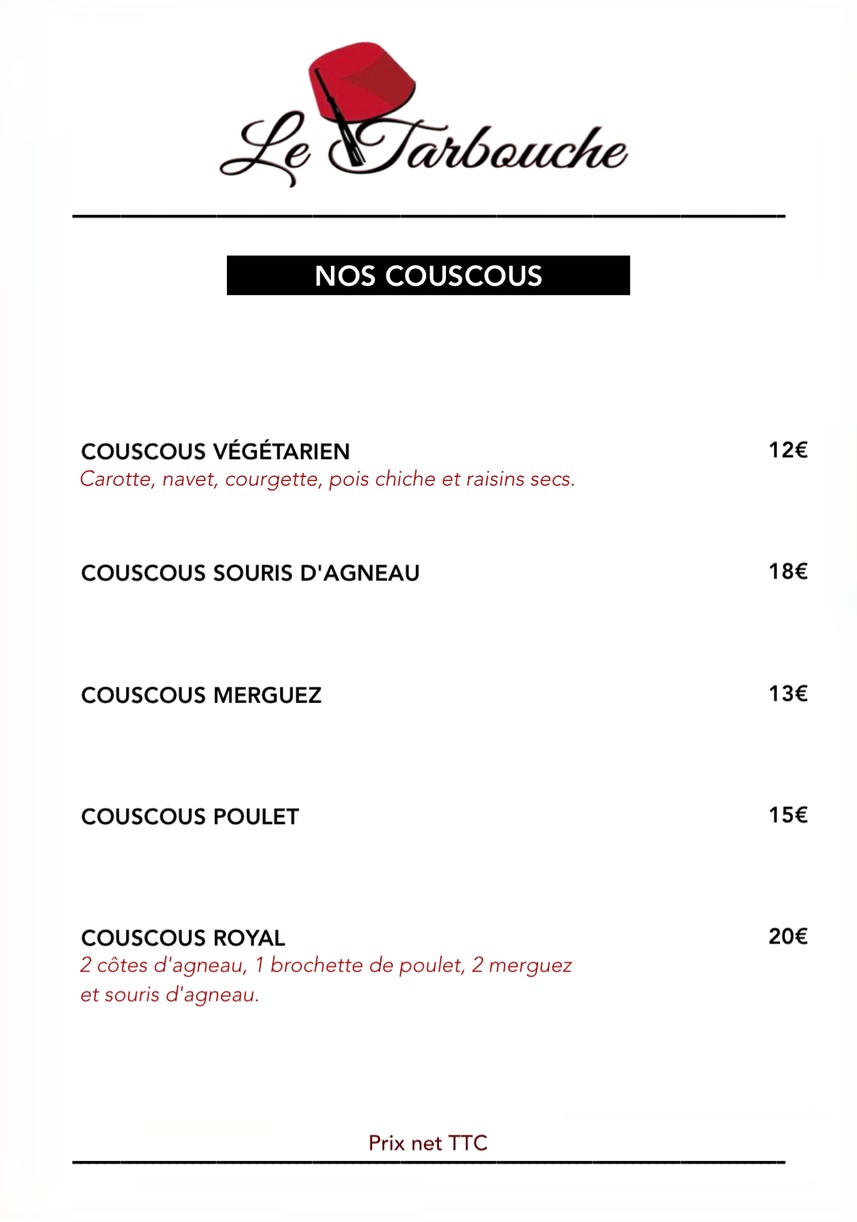 Restaurant marocain le Tarbouche menu 3