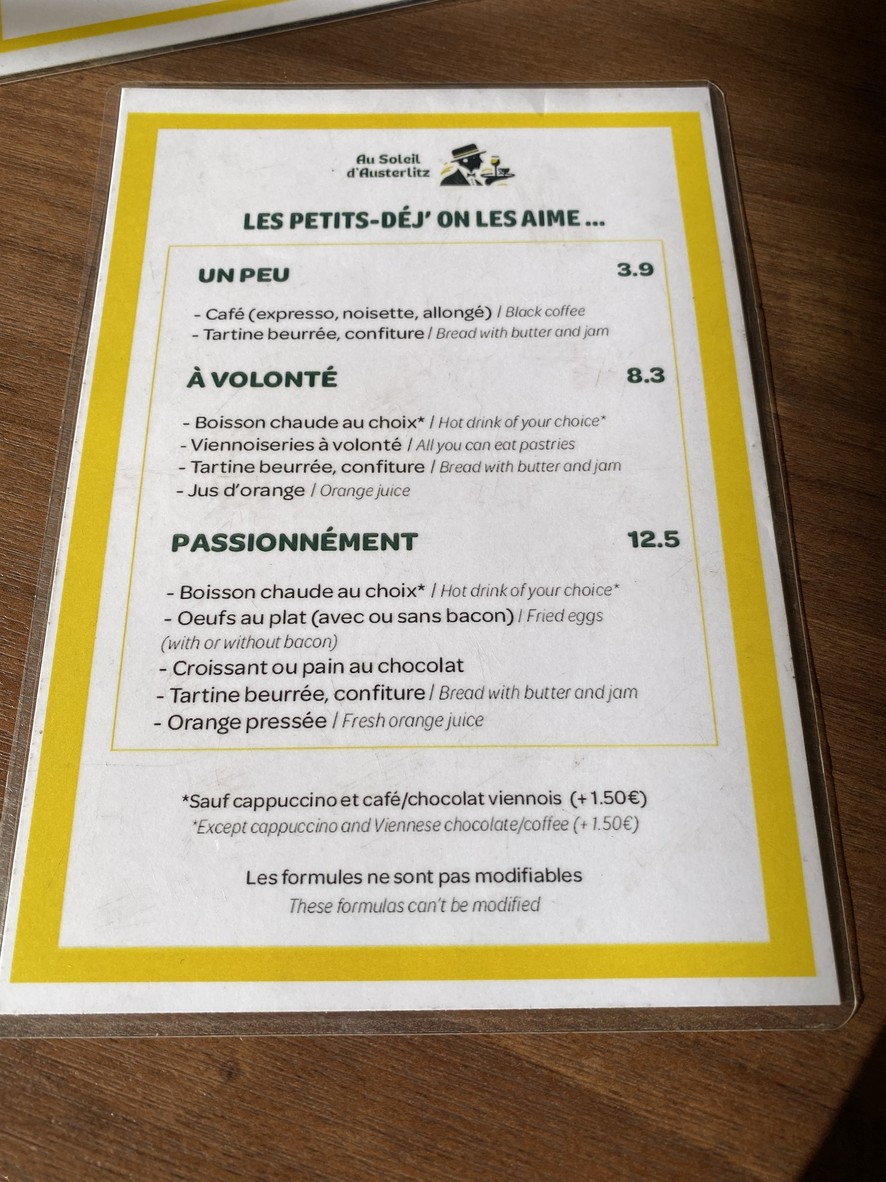 Au Soleil d'Austerlitz menu 1