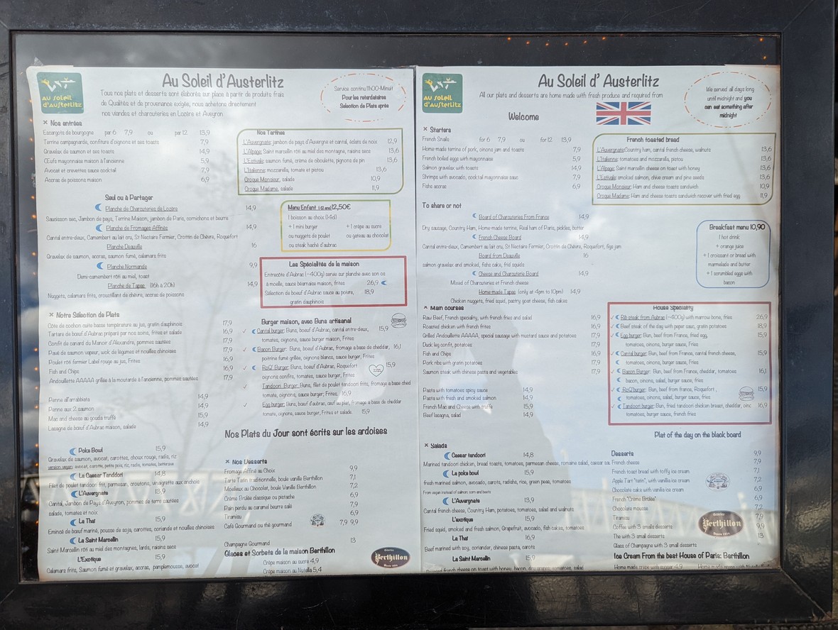 Au Soleil d'Austerlitz menu 2