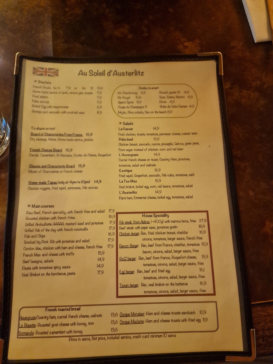 Au Soleil d'Austerlitz menu 3