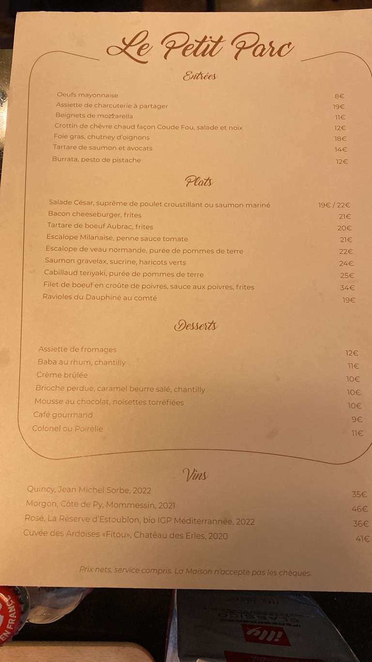 Le Petit Parc menu 1
