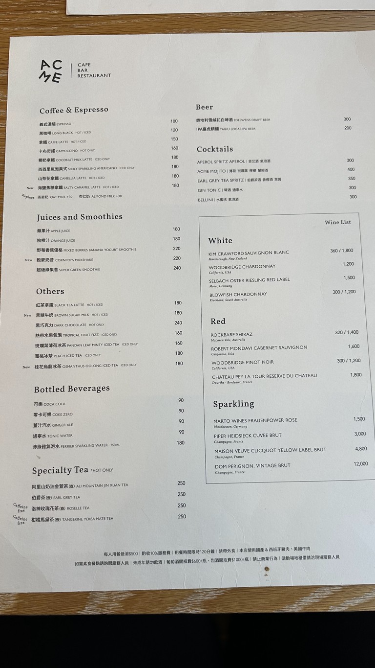 ACME|Cafe Bar & Restaurant Taipéi Biǎoyǎn Yìshù Zhōngxīn menu 2