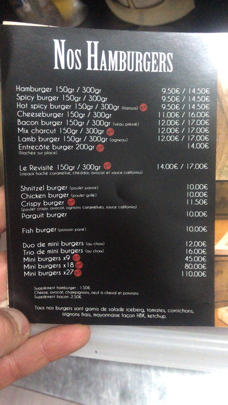 HBK BURGER Levallois menu 2