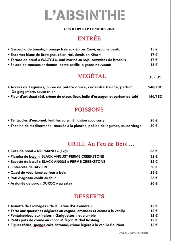L'Absinthe menu 1