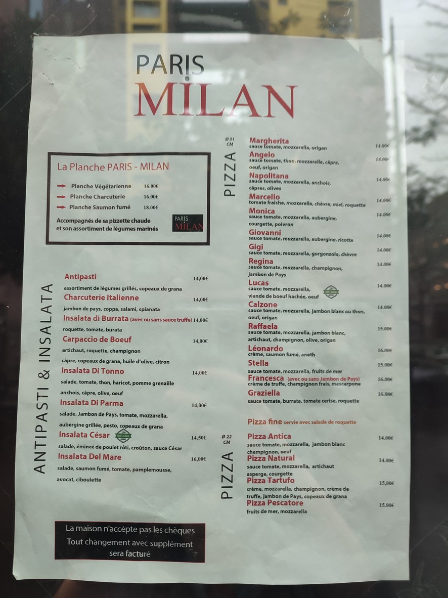 Paris Milan menu 1
