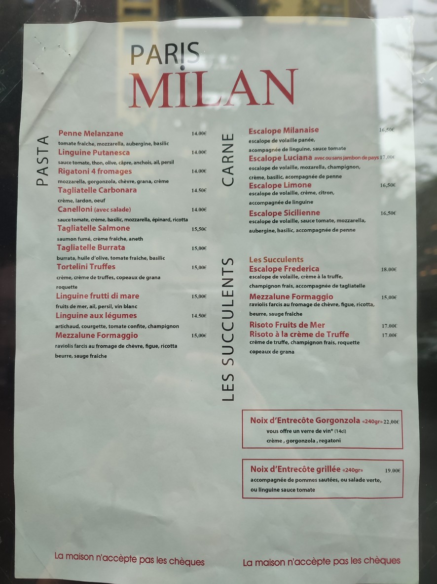Paris Milan menu 2