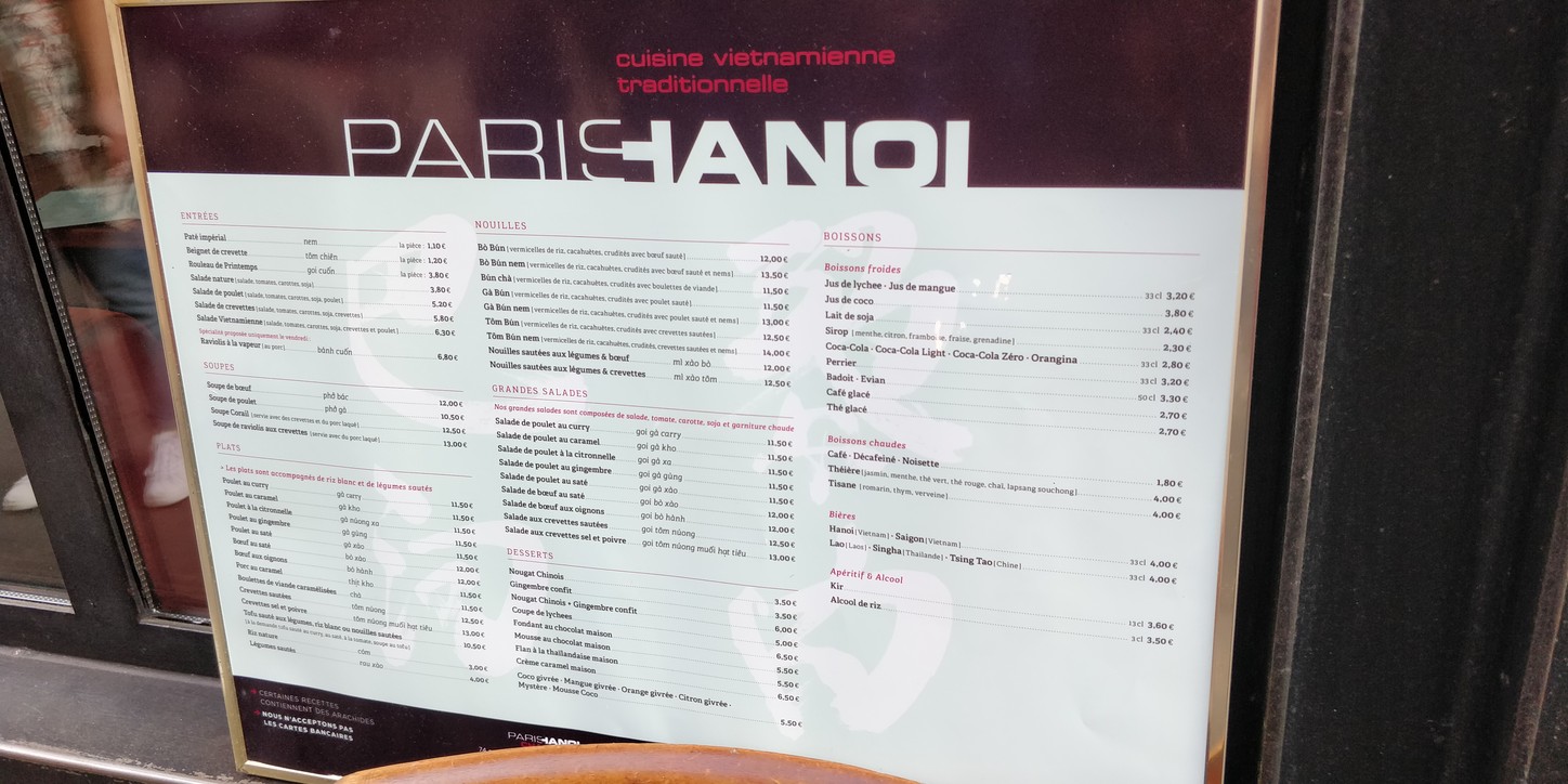 Paris Hanoï menu 1