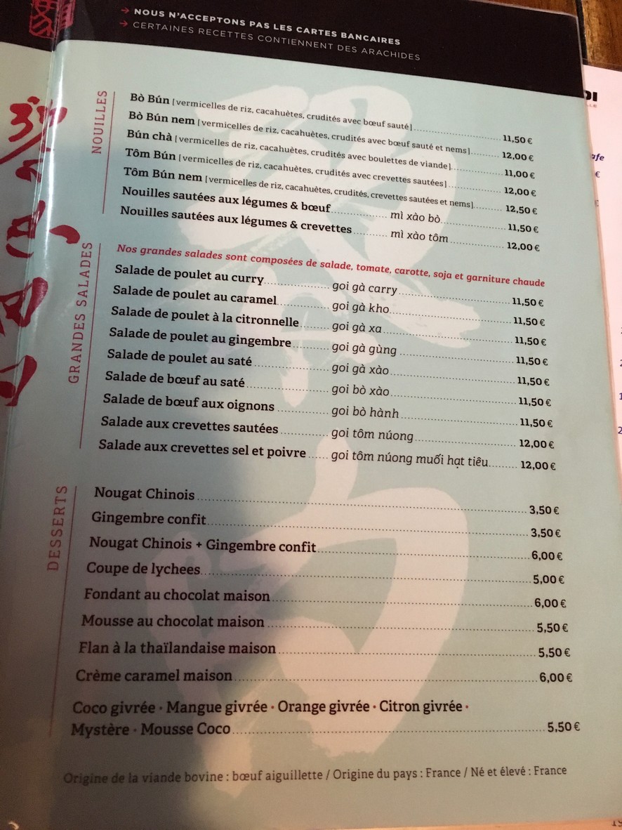 Paris Hanoï menu 2