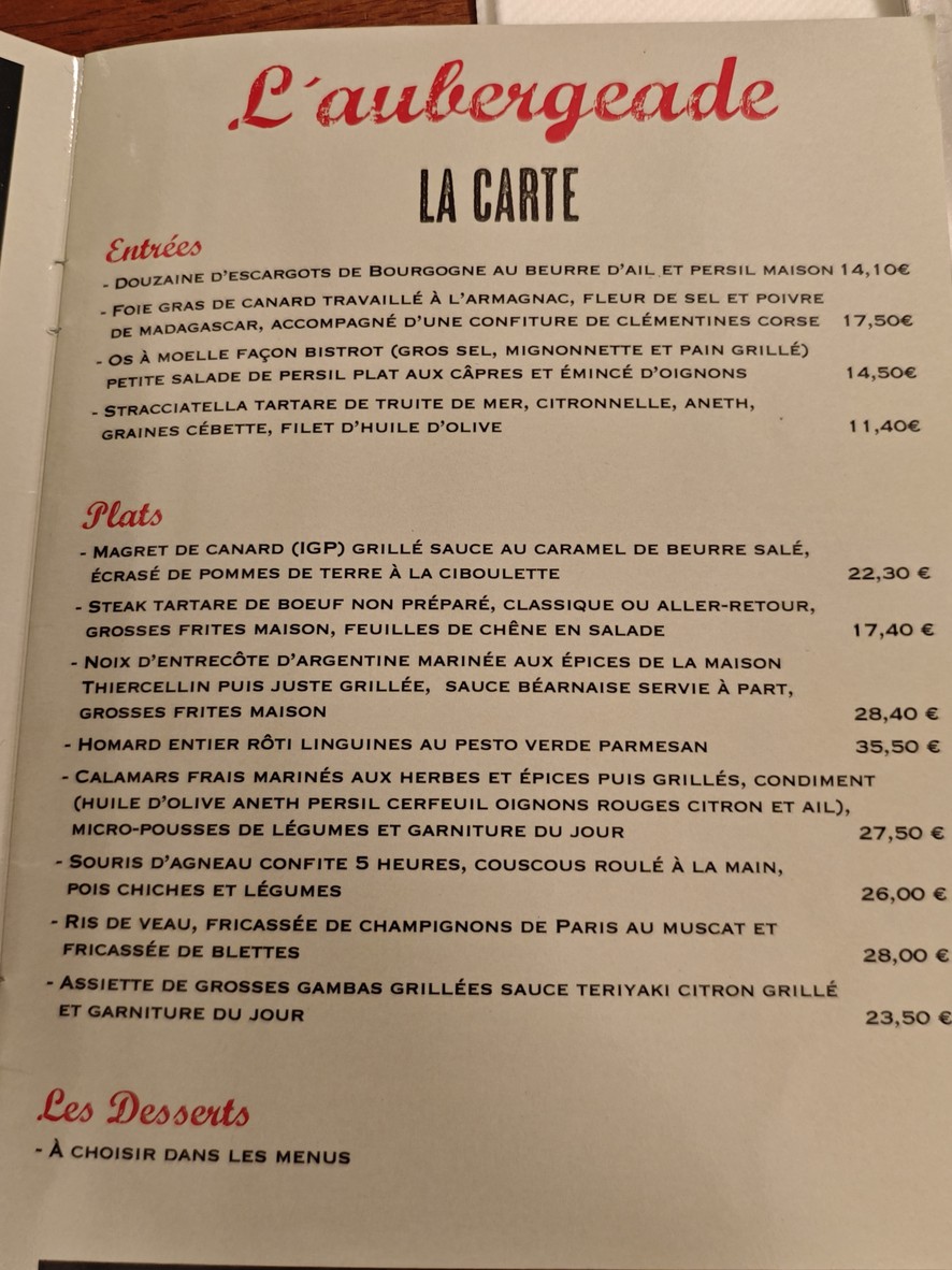 L'Aubergeade menu 1