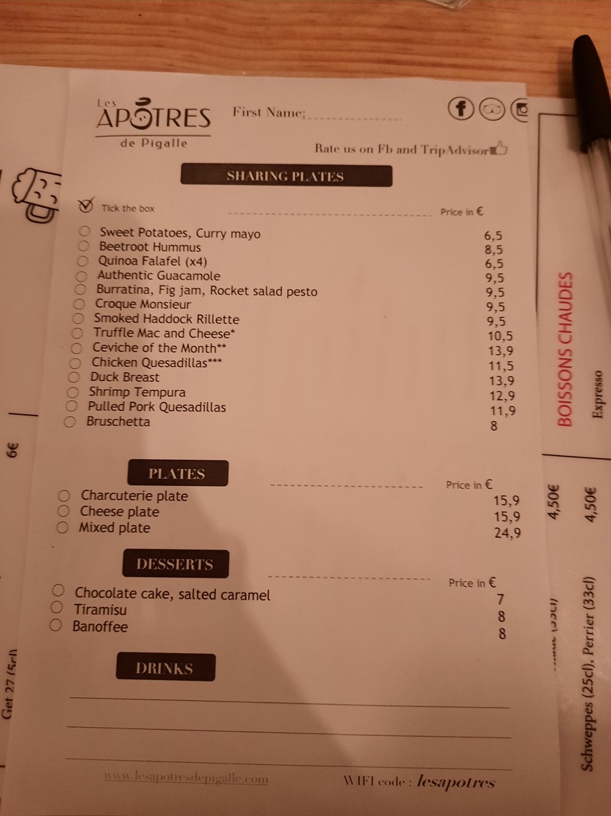 Les Apôtres de Pigalle menu 1