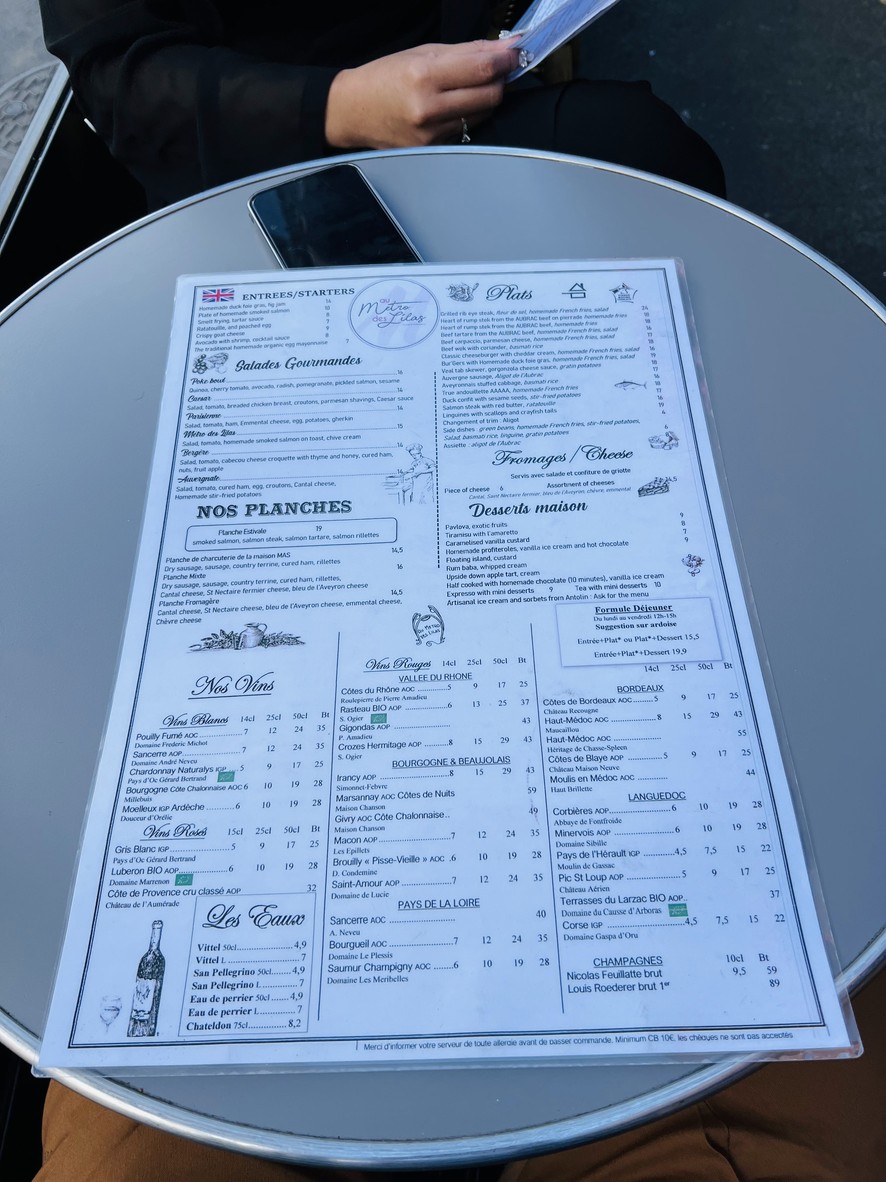 Au Métro des Lilas menu 1