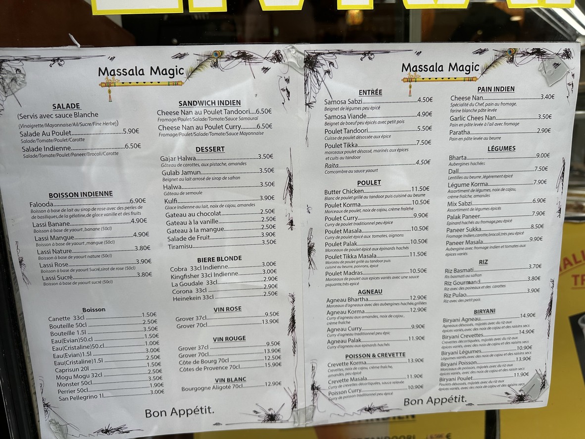 Masala Magic - restaurant indien Paris 5- traiteur indien menu 1