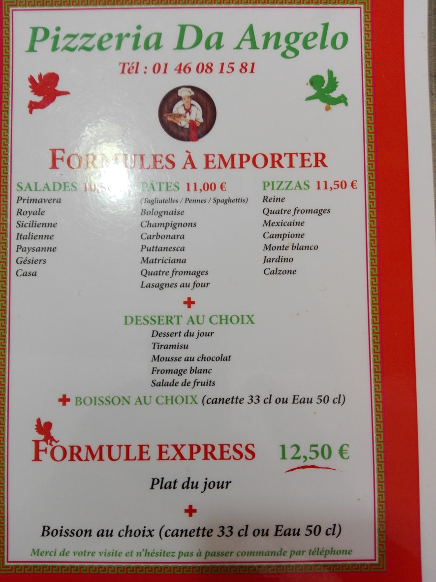 Pizza Da Angelo 92100 - Pizzeria Boulogne Billancourt (92) - Restaurant Italien - Ouvert le dimanche - Pizza livraison 92 menu 1
