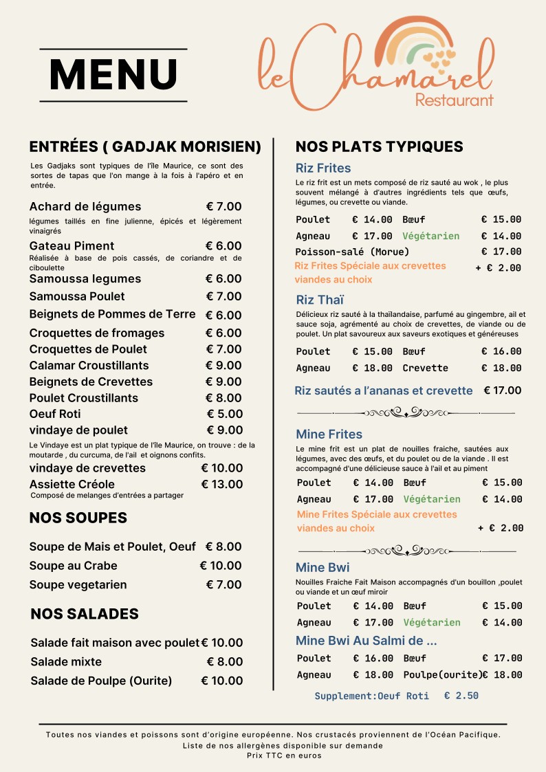 Le Chamarel restaurant mauricien paris menu 1