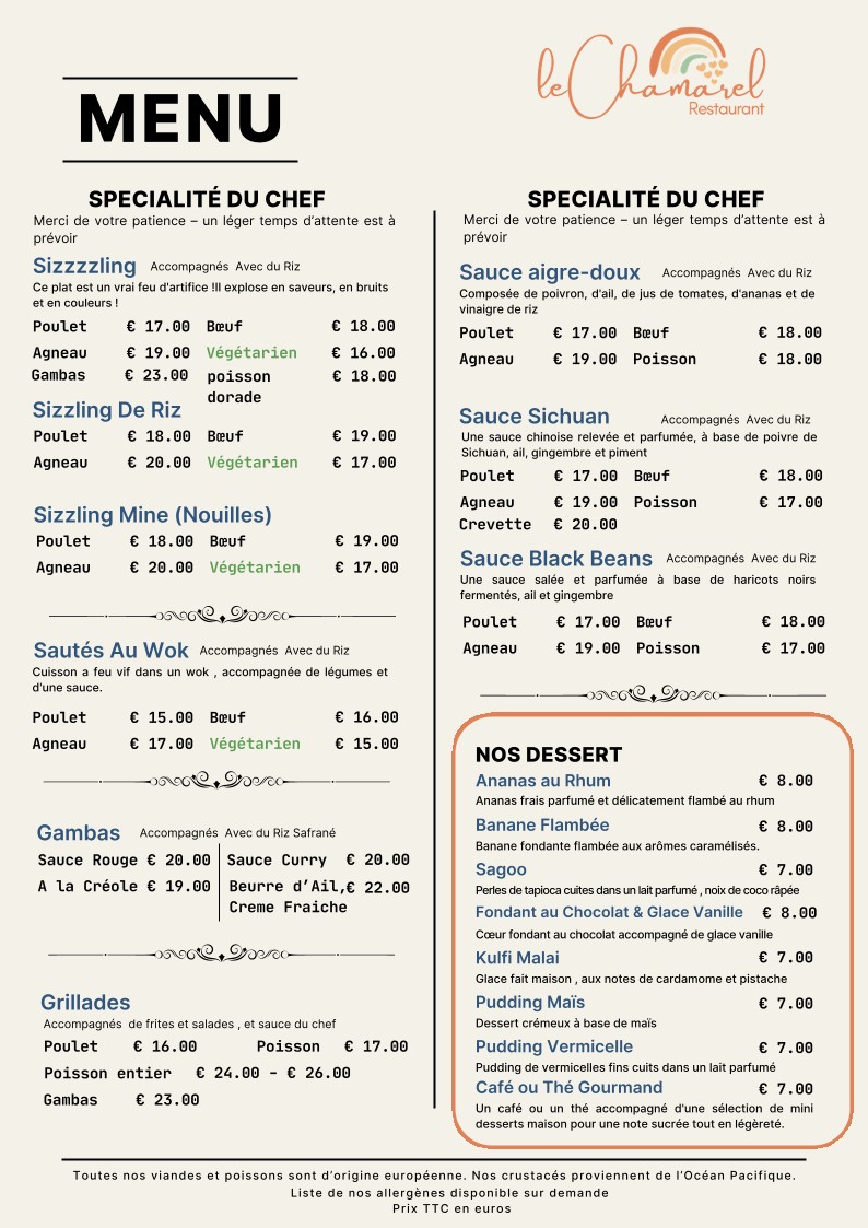 Le Chamarel restaurant mauricien paris menu 2