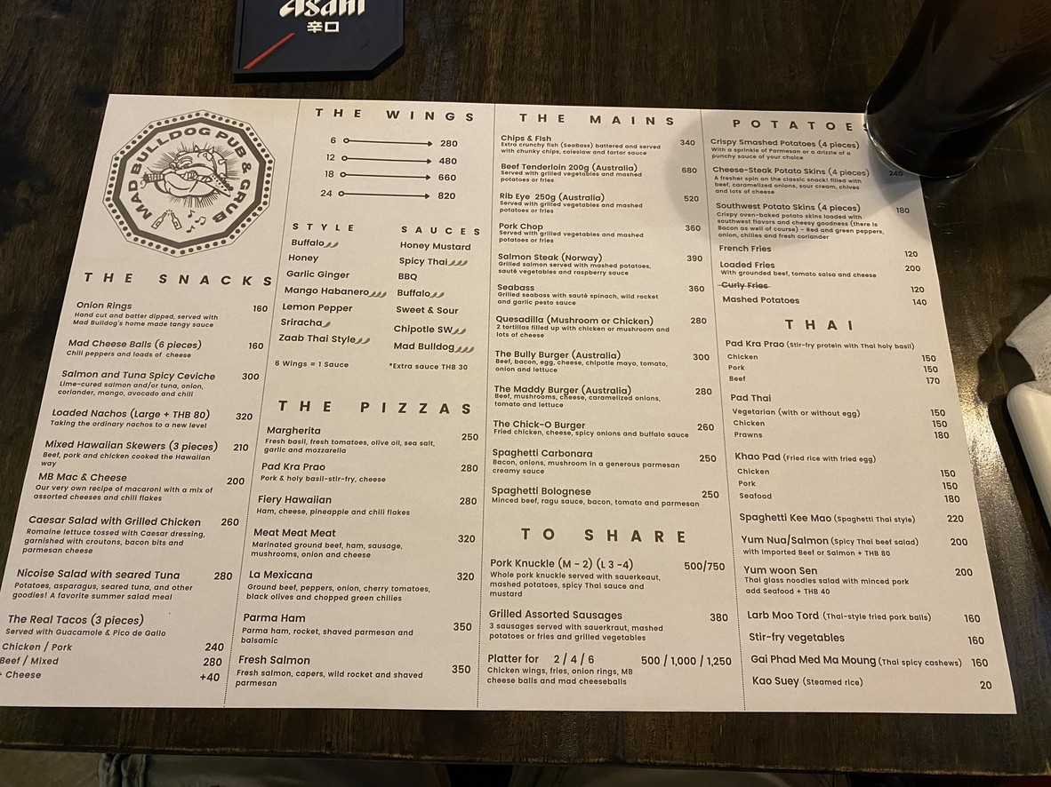 Mad Bulldog Pub & Grub Bangkok menu 1