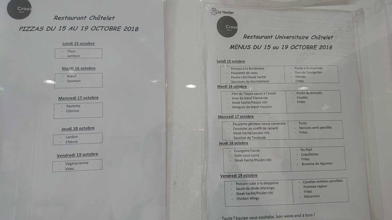 Restaurant Universitaire Châtelet menu 1