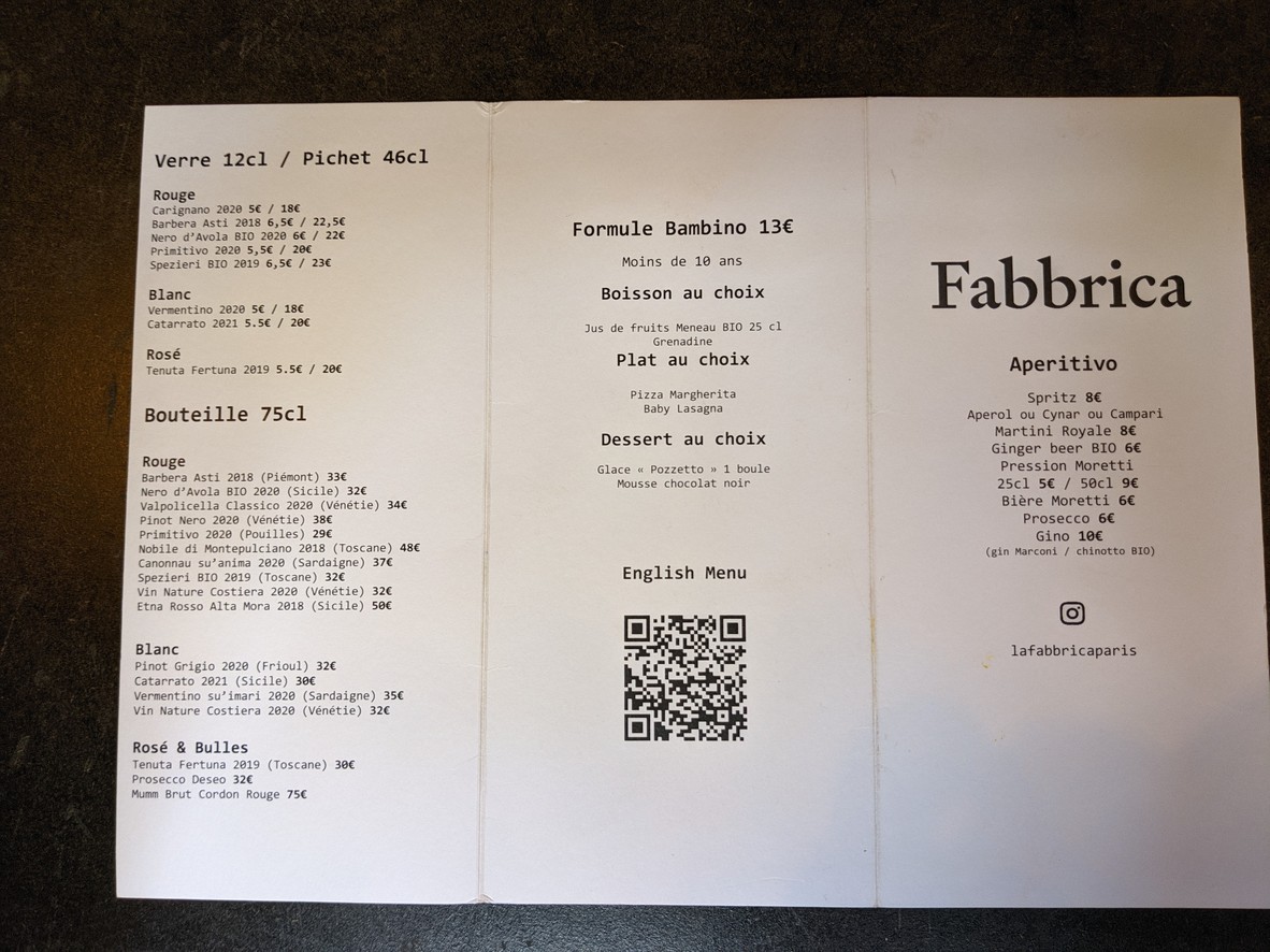 La Fabbrica Montmartre menu 1