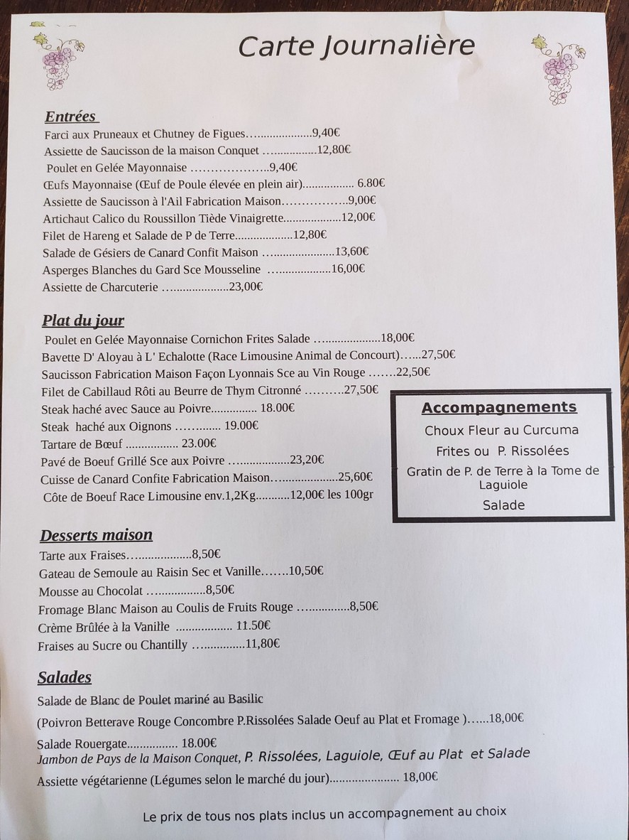Au Petit Chavignol menu 1