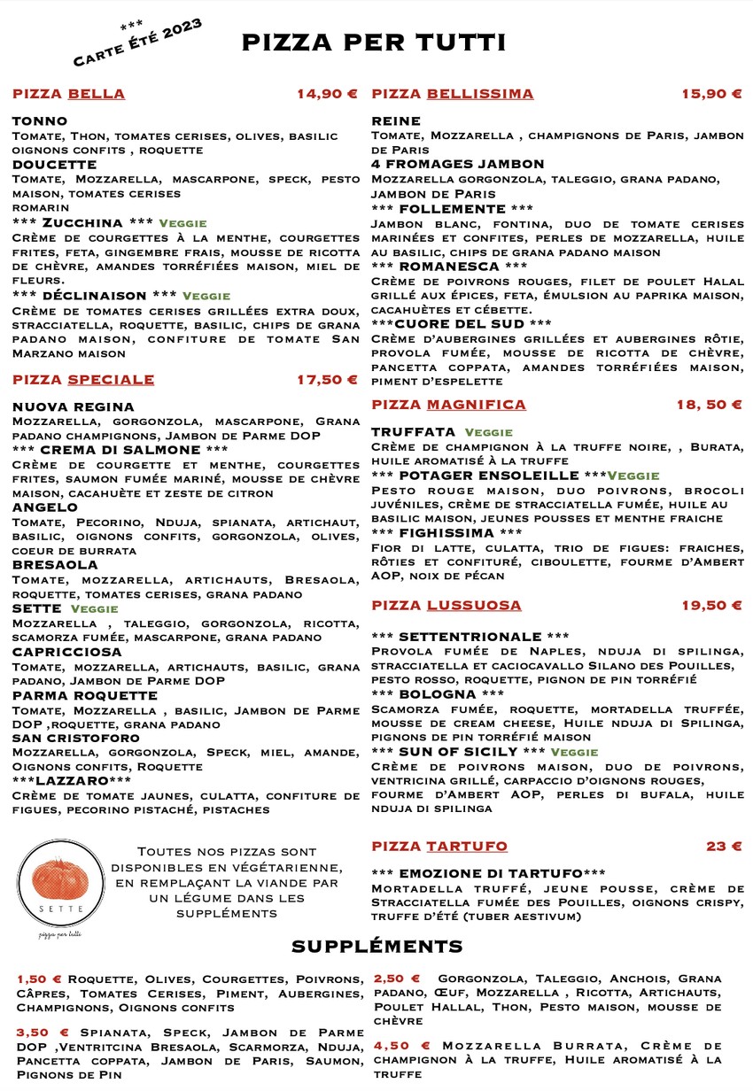 Sette Pizza menu 2