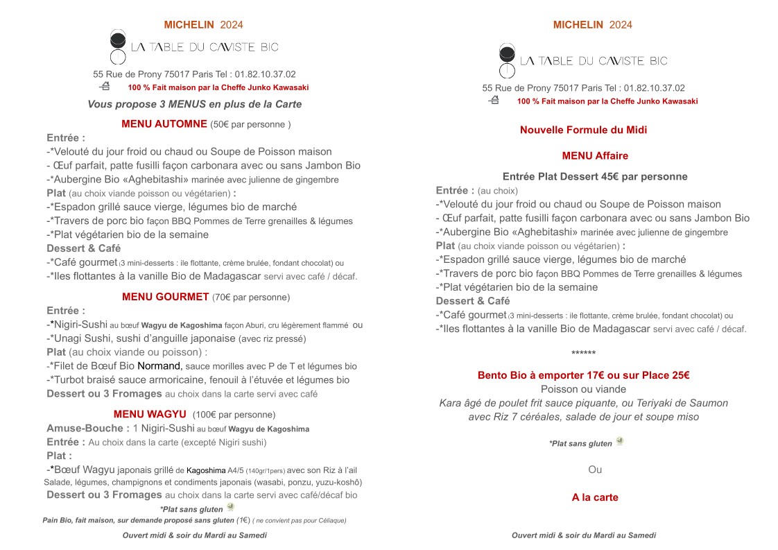Restaurant La Table du Caviste bio Paris 17 menu 1