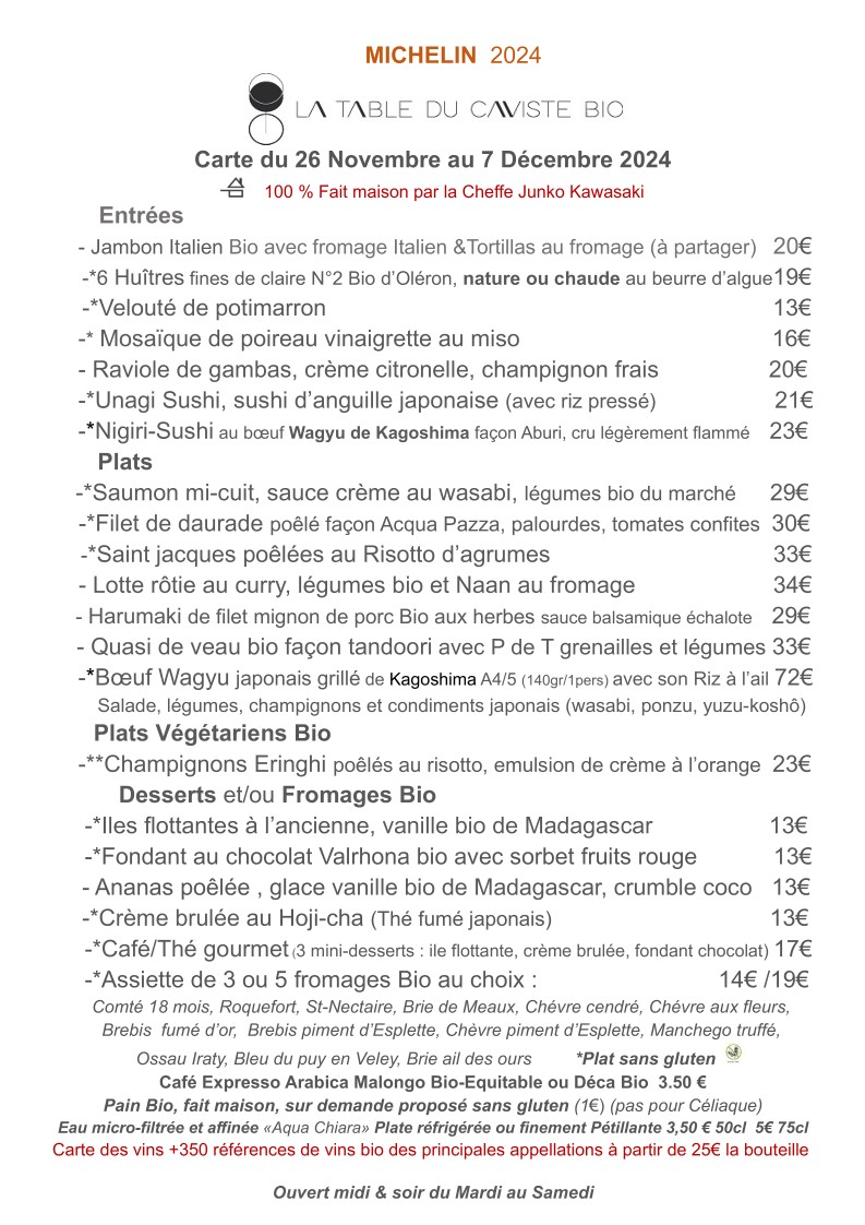 Restaurant La Table du Caviste bio Paris 17 menu 2