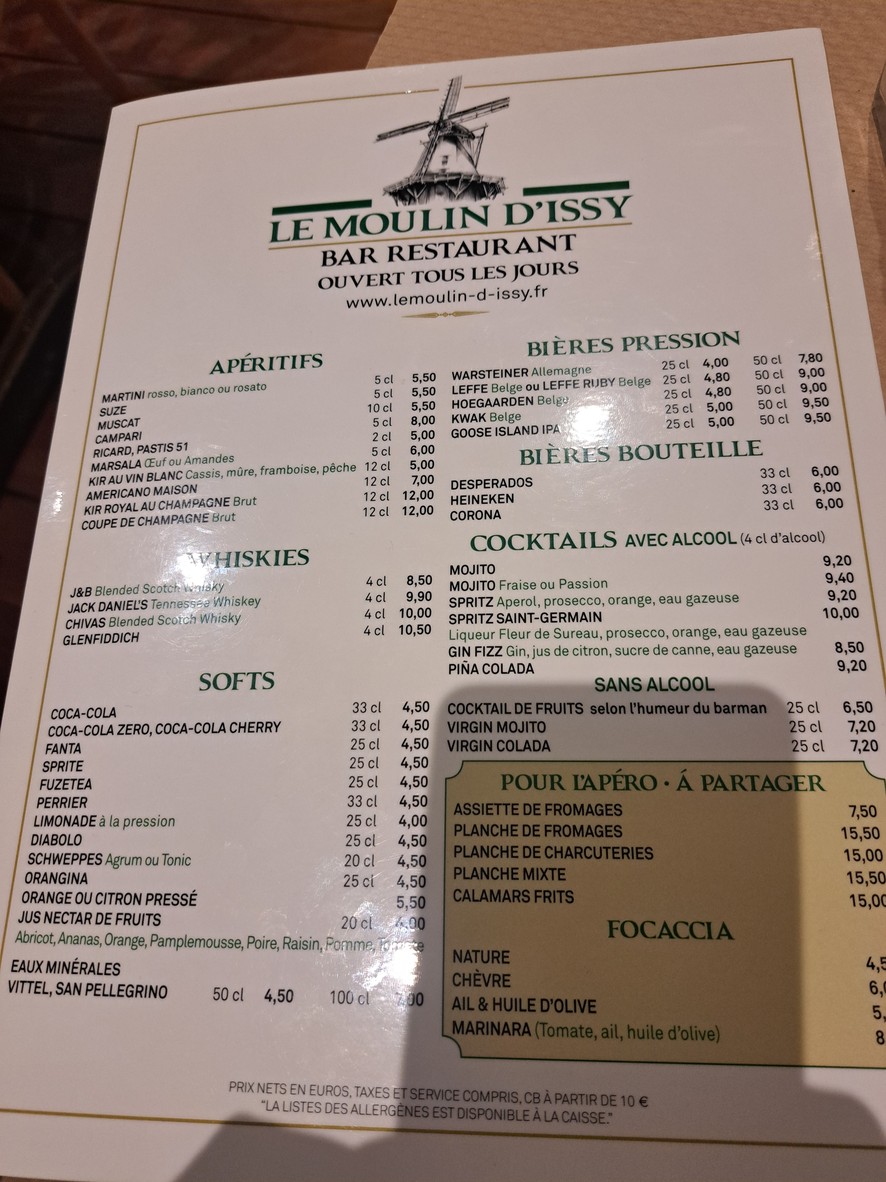Le Moulin d’Issy menu 1