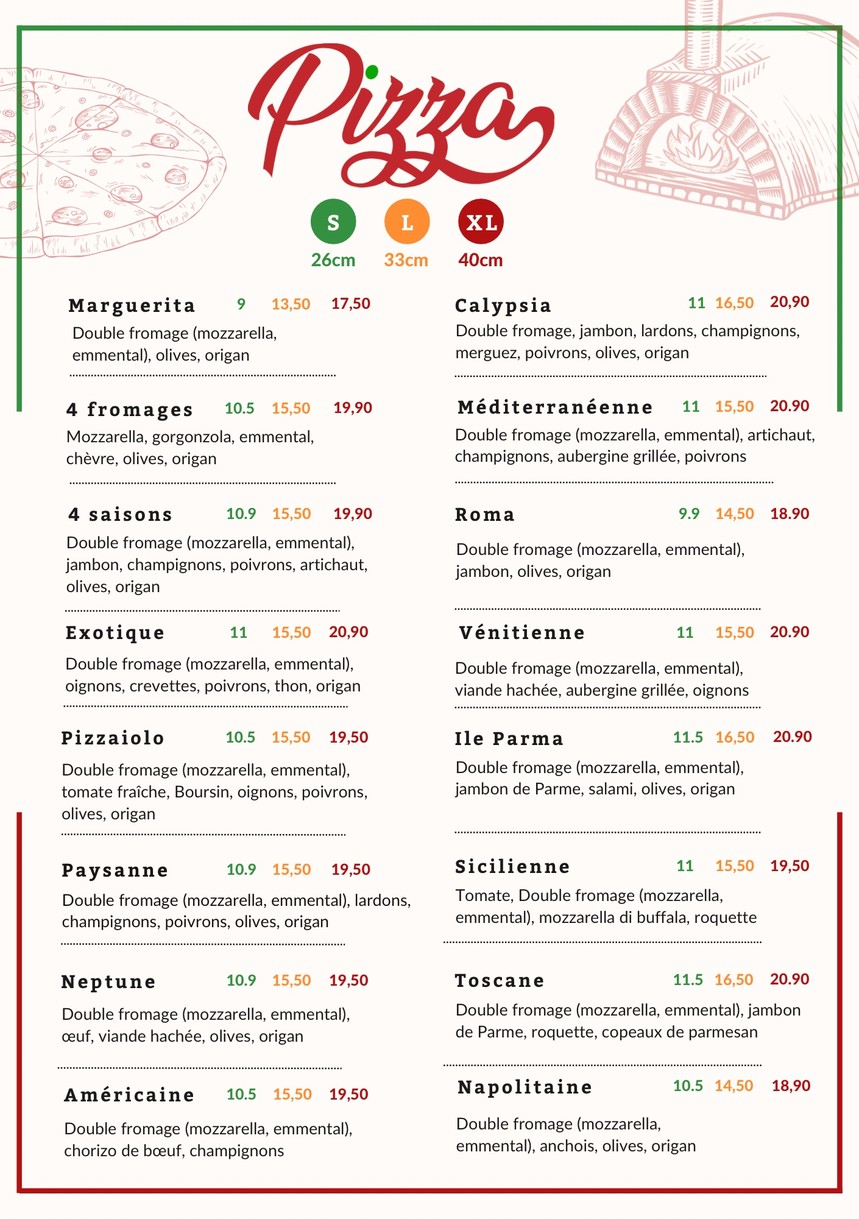 La Calypsia Montrouge PIZZA AU FEU DE BOIS menu 2