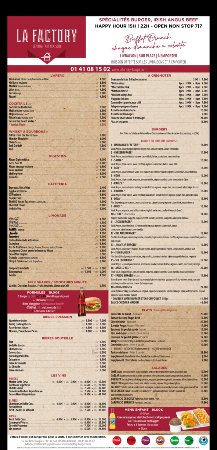 La Factory Burger menu 1