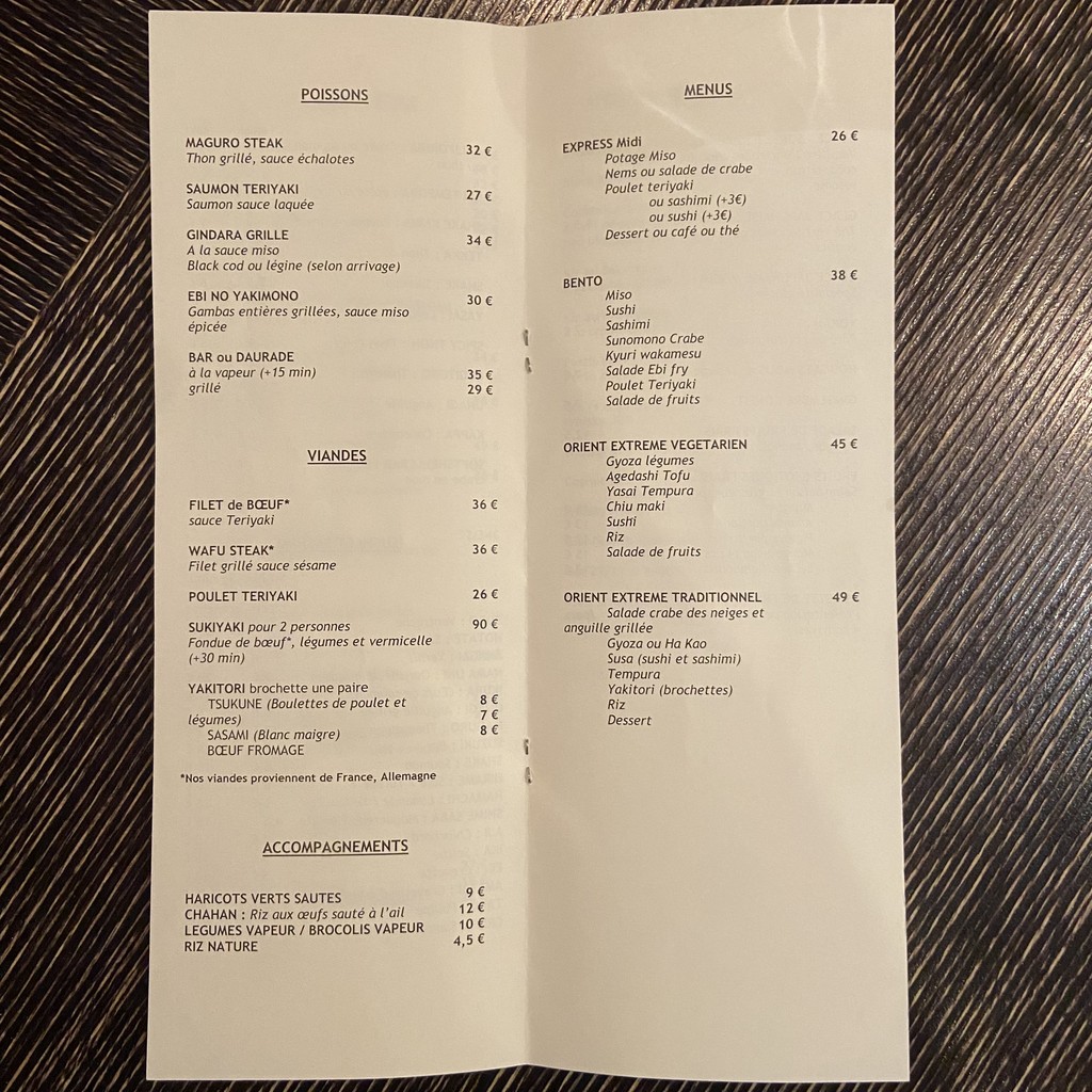 Orient Extrême Saint Germain menu 2