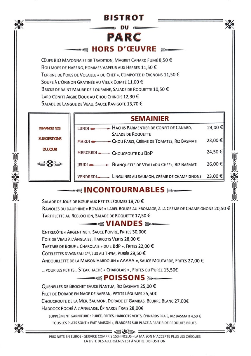 Le Bistrot Du Parc menu 1