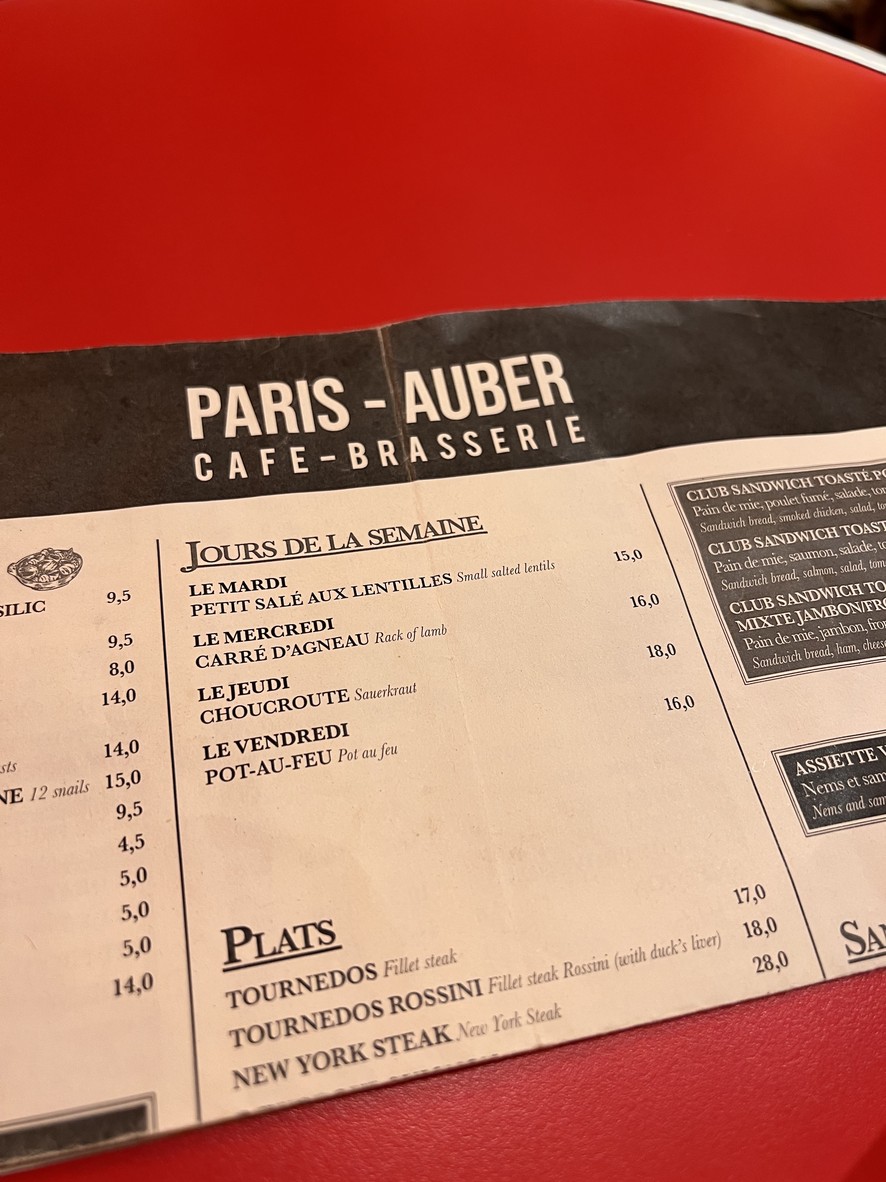 Paris Madère menu 1