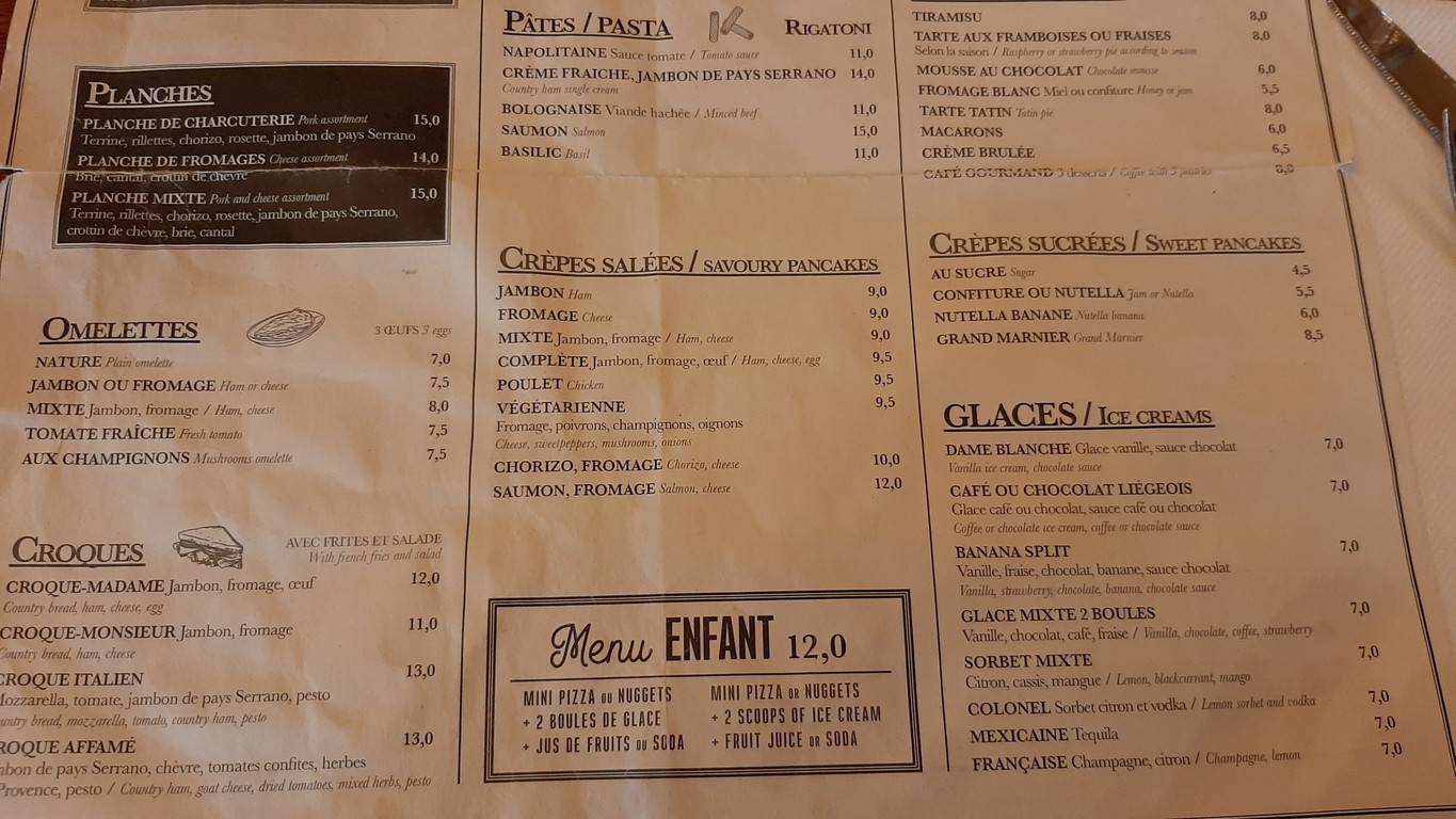 Paris Madère menu 2