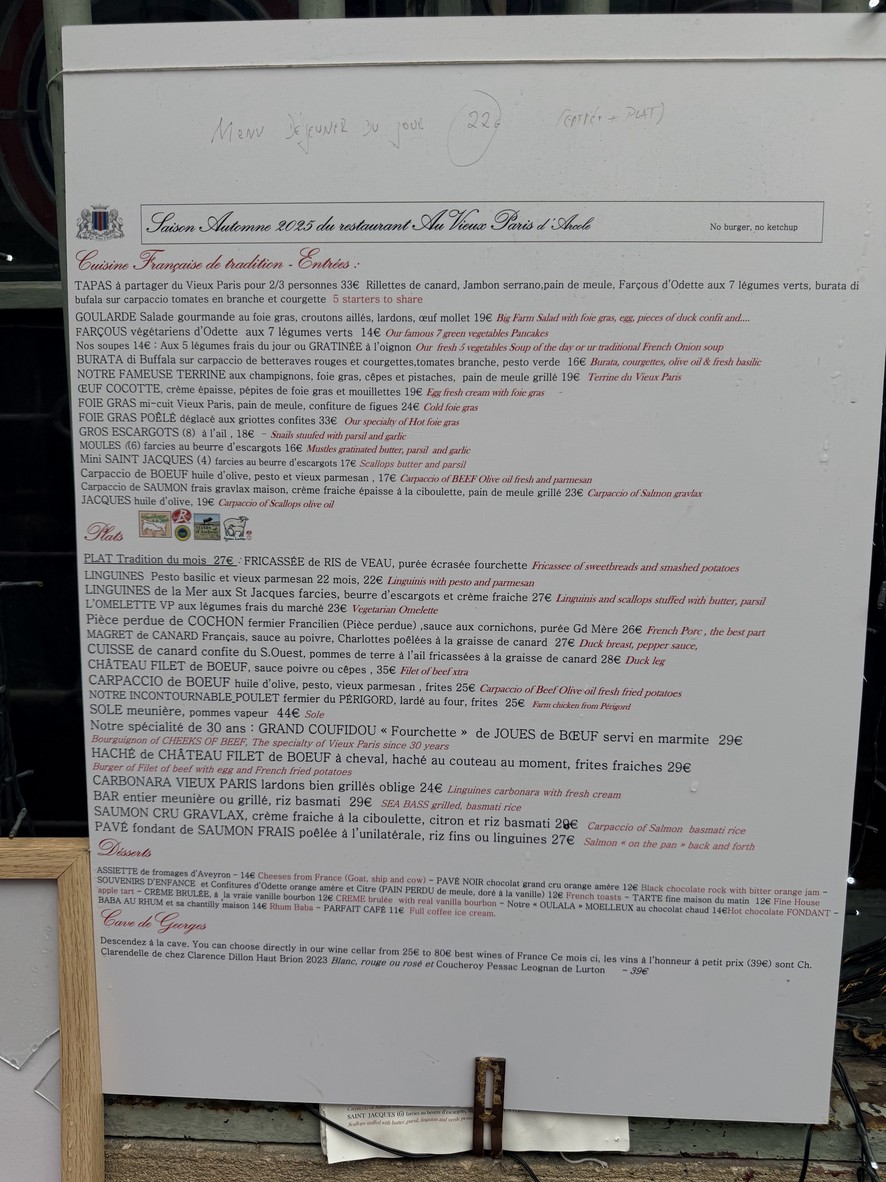 Au Vieux Paris d'Arcole menu 1