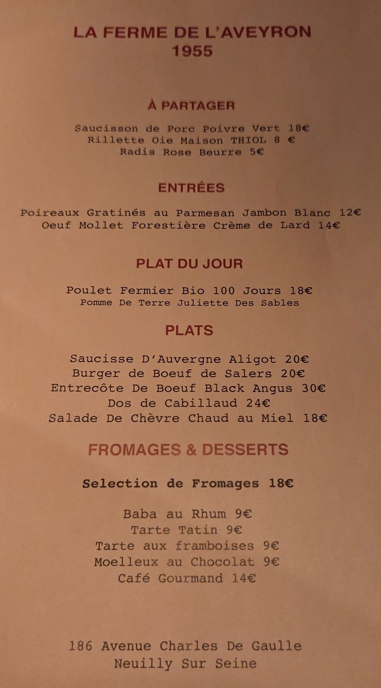 La Ferme de l'Aveyron menu 1