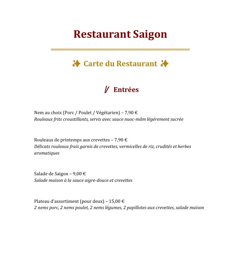 Restaurant Saigon (Vietnamese food) menu 1