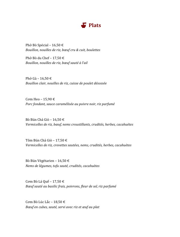 Restaurant Saigon (Vietnamese food) menu 2