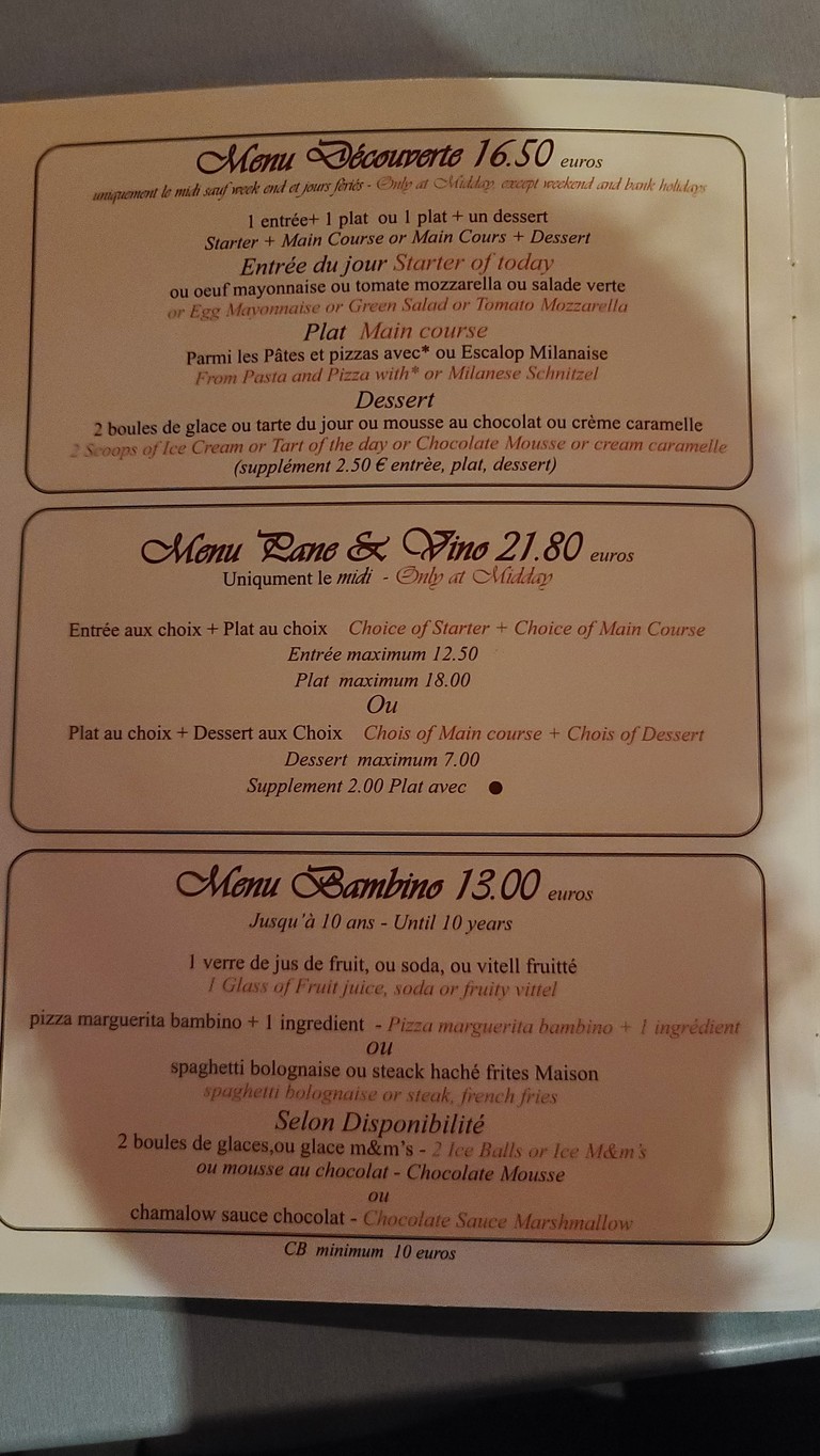 Pane & Vino menu 1