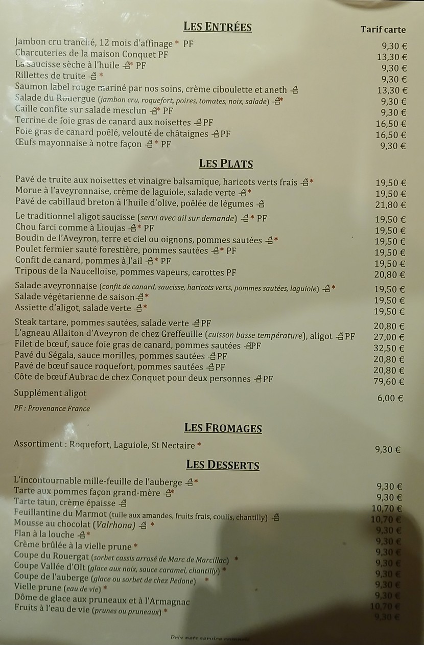 L’Auberge Aveyronnaise menu 1