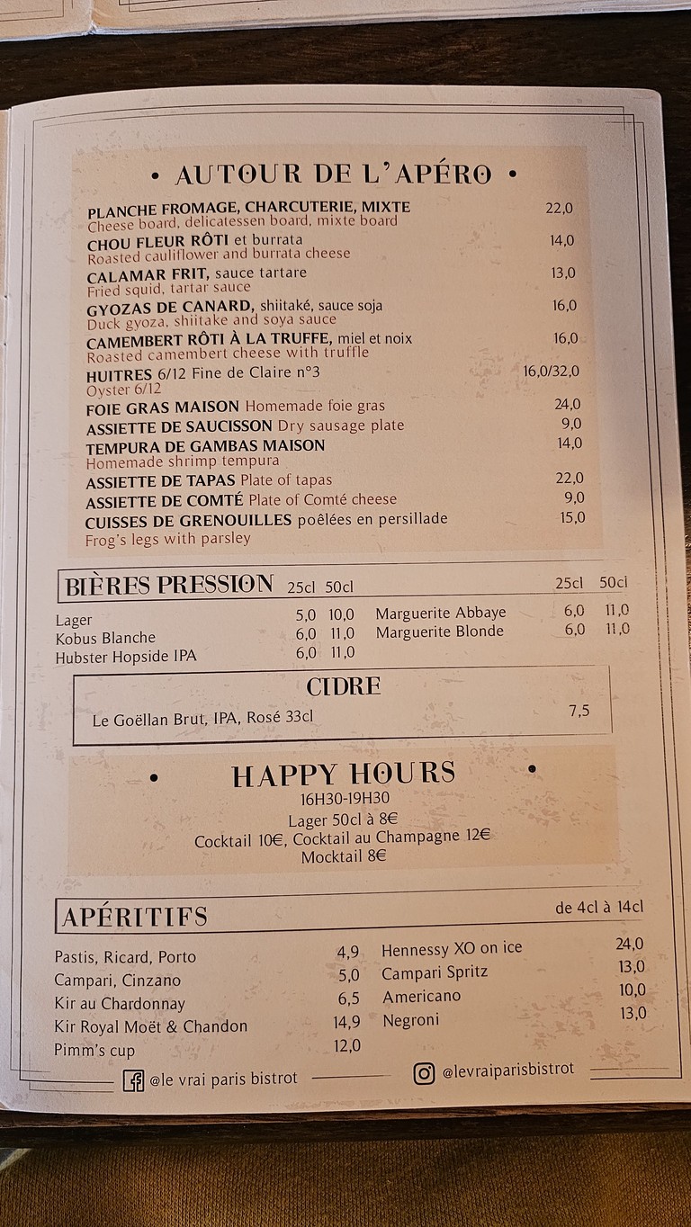 Le vrai Paris menu 1