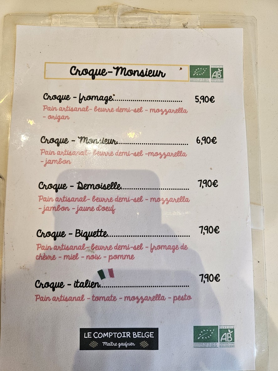 Le Comptoir Belge menu 1