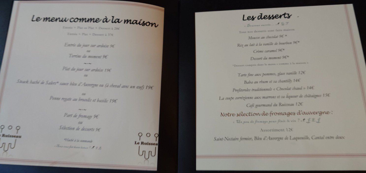 Restaurant Le Ruisseau menu 1